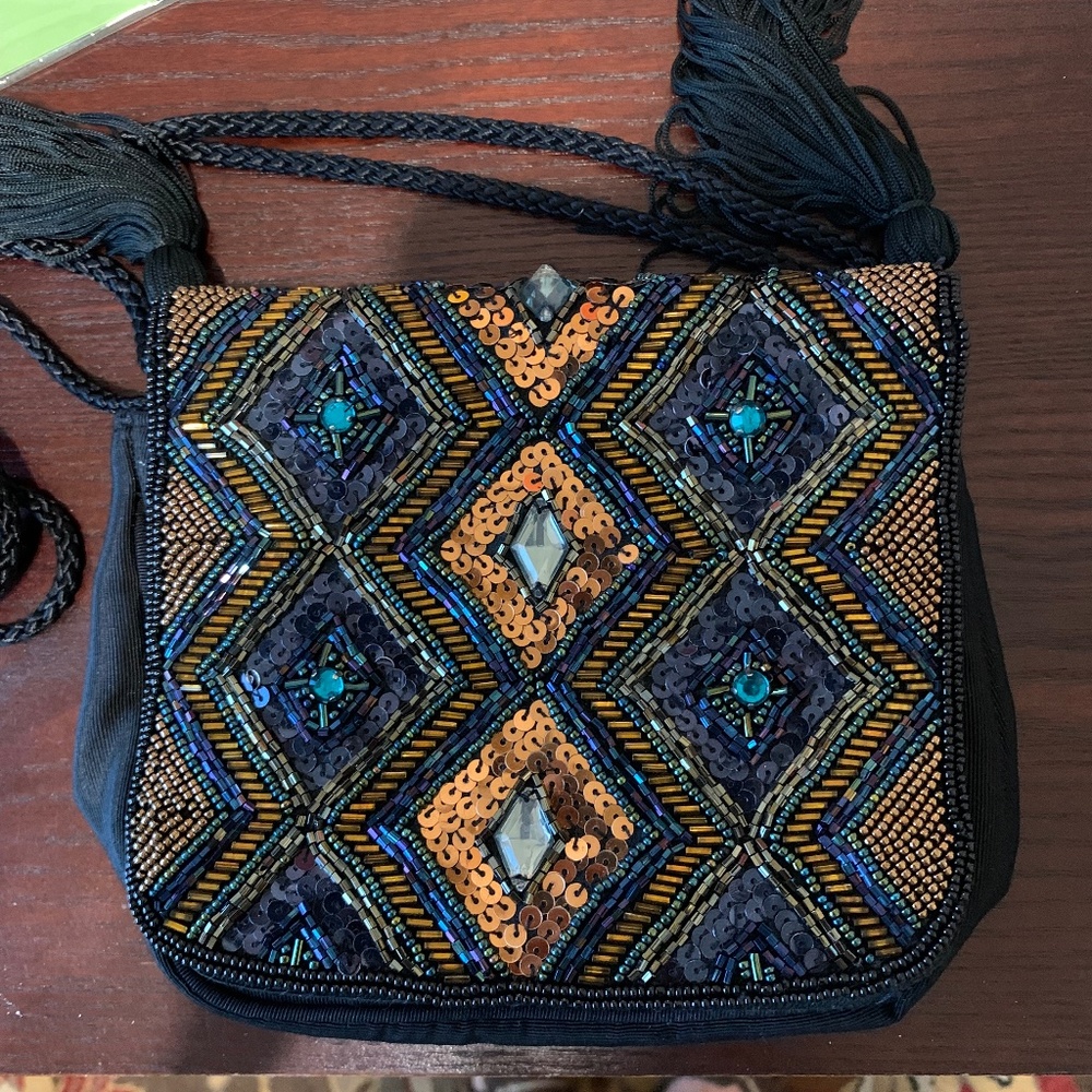 Black beaded Carla Marchi evening bag with long strap - never used